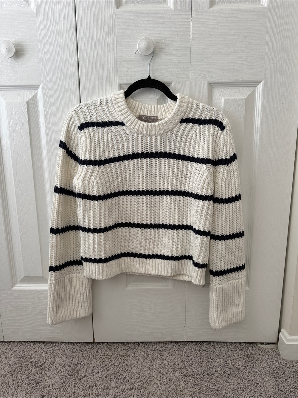 J. Crew Cream and Navy Striped Ribbed Crewneck Sweater